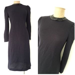 Vintage 80s Little Black Sweater Dress Size Medium with Beaded Collar